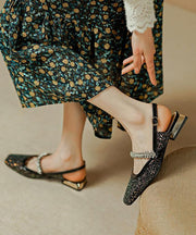 French Versatile Rhinestone Sequin Square Toe Chunky Sandals