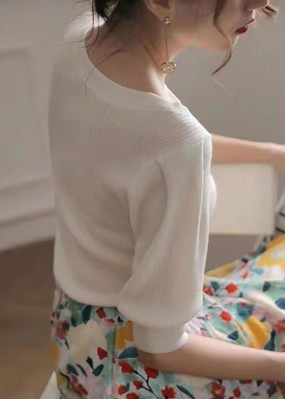 French Versatile White Square Collar Ice Silk Knit Pullover Fall