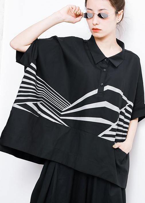 French Vintage Irregular cotton crane tops Stripes High Low Hem Casual T-Shirt - SooLinen
