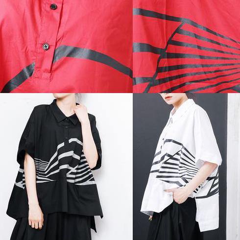French Vintage Irregular cotton crane tops Stripes High Low Hem Casual T-Shirt - SooLinen