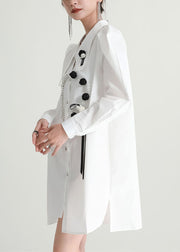 French White Asymmetrical Patchwork Applique Cotton Long Shirts Fall