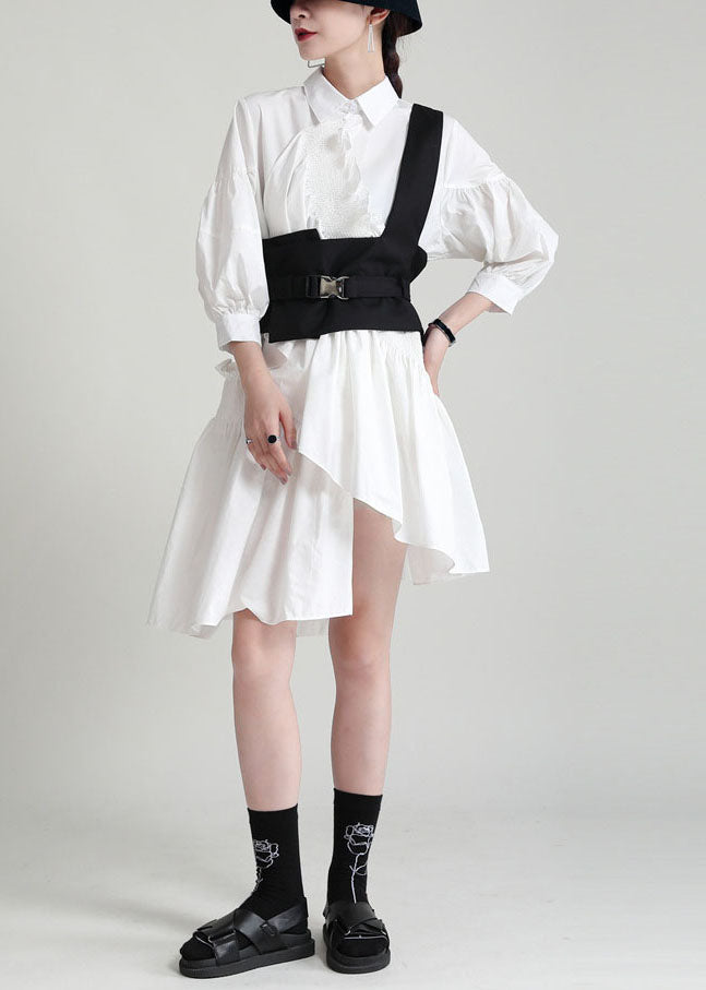 French White Asymmetrical Patchwork Ruffles Cotton Shirt Dress Lantern Sleeve