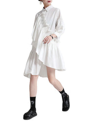 French White Asymmetrical Patchwork Ruffles Cotton Shirt Dress Lantern Sleeve
