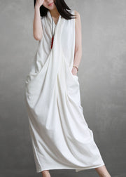 French White Asymmetrical Wrinkled Patchwork Cotton Dresses Summer