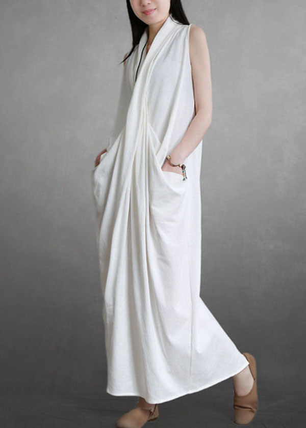 French White Asymmetrical Wrinkled Patchwork Cotton Dresses Summer
