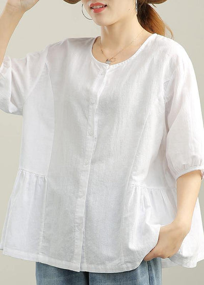 French White Brief Casual Linen Summer Blouse Top - SooLinen