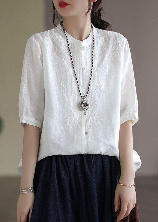 French White Button Embroidered Cotton Shirts Half Sleeve