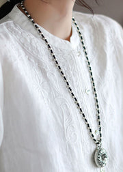 French White Button Embroidered Cotton Shirts Half Sleeve