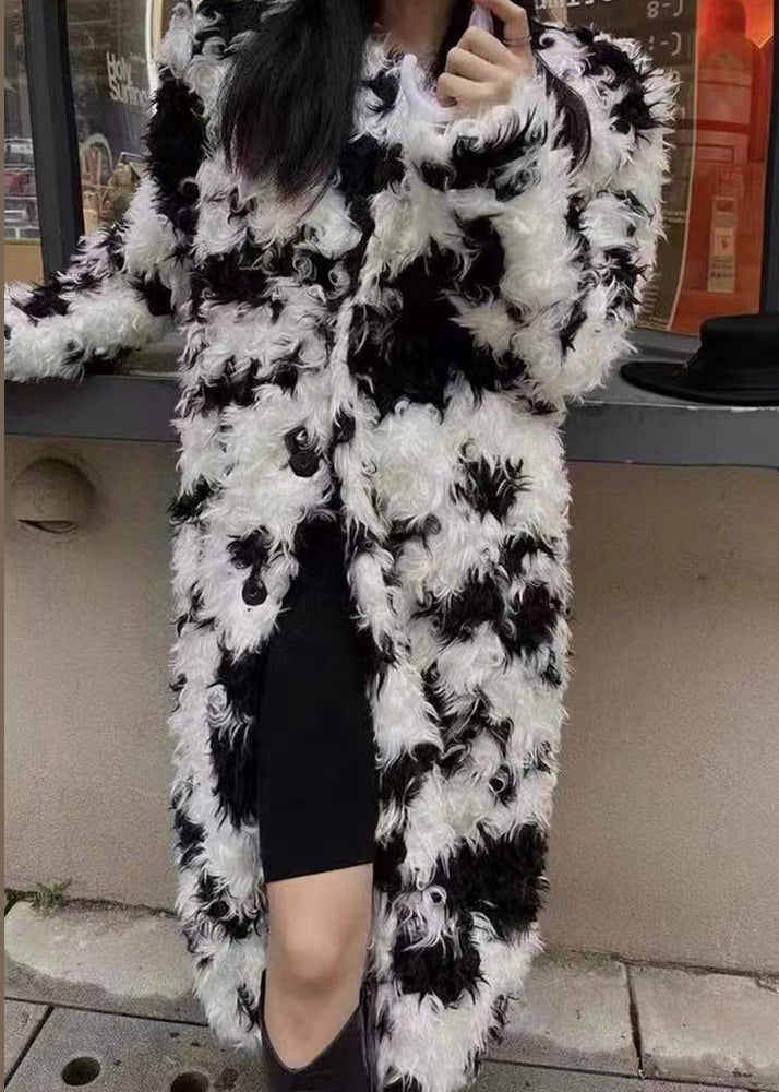 French White Button Patchwork Teddy Faux Fur Long Coats Winter