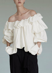 French White Cold Shoulder Ruffled Patchwork Tops Lantern Sleeve