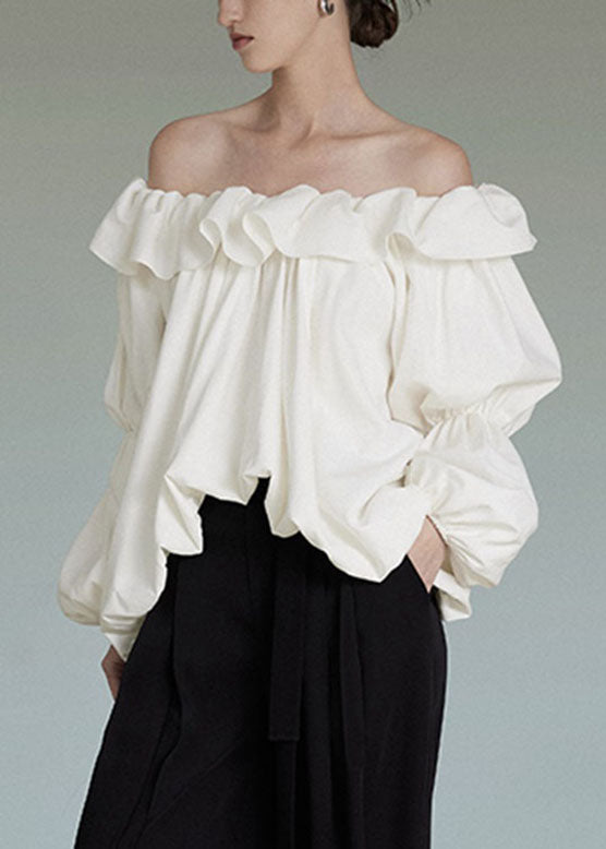 French White Cold Shoulder Ruffled Patchwork Tops Lantern Sleeve