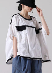 French White Cotton Shirt Tops Summer Short Sleeve - SooLinen