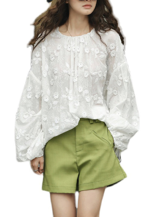 French White Embroidered Lace Up Patchwork Cotton Shirt Top Lantern Sleeve
