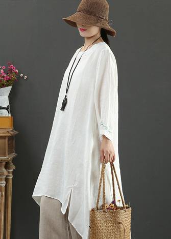 French White Embroidery Quilting Clothes O Neck Low High Design Long Spring Dress - SooLinen