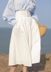 French White High Waist Pockets Patchwork Cotton Skirt Fall