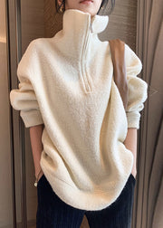 French White Hign Neck Zippered Faux Fur Pullover Sweatshirt Spring