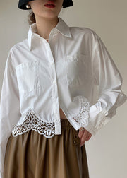 French White Hollow Out Embroidered Patchwork Cotton Shirt Top Fall