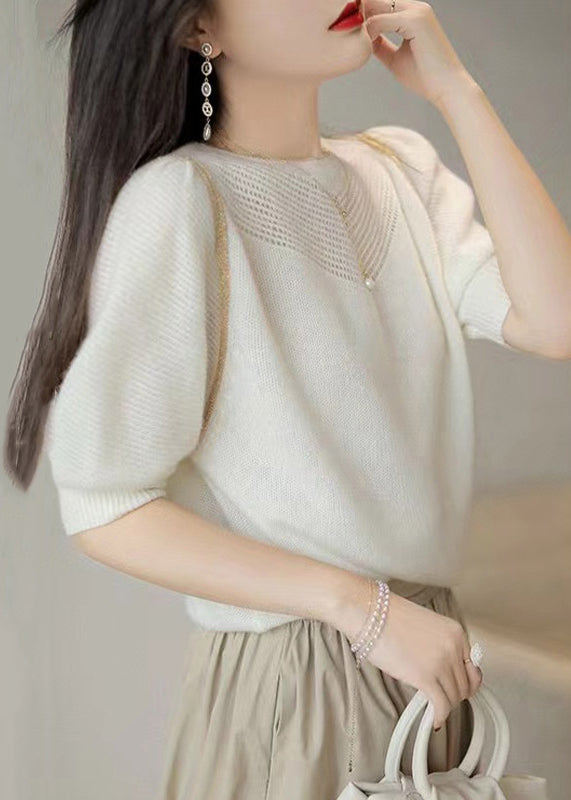 French White Hollow Out Puff Sleeve Patchwork Woolen Knit Tops
