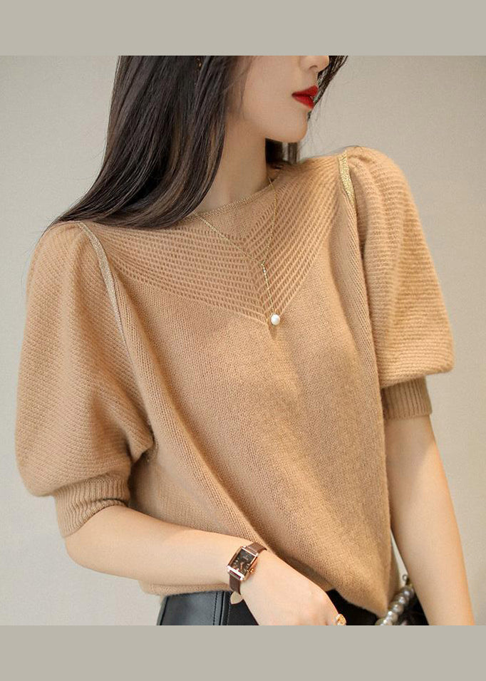 French White Hollow Out Puff Sleeve Patchwork Woolen Knit Tops