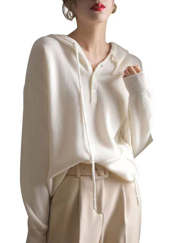 French White Hooded Woolen Knit Sweaters Spring