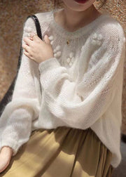 French White O Neck Hollow Out Patchwork Knit Sweaters Long Sleeve