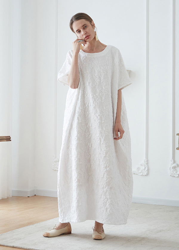 French White O Neck Jacquard Cotton Robe Vacation Dresses Summer