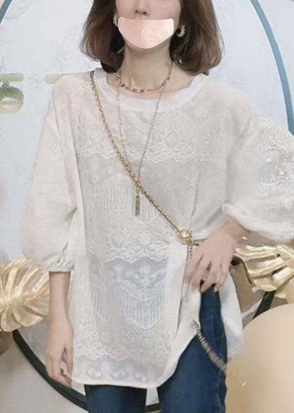 French White O-Neck Nail bead Embroidered Lace Shirt Top Bracelet Sleeve
