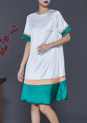 French White O-Neck Patchwork Silk Dress Summer