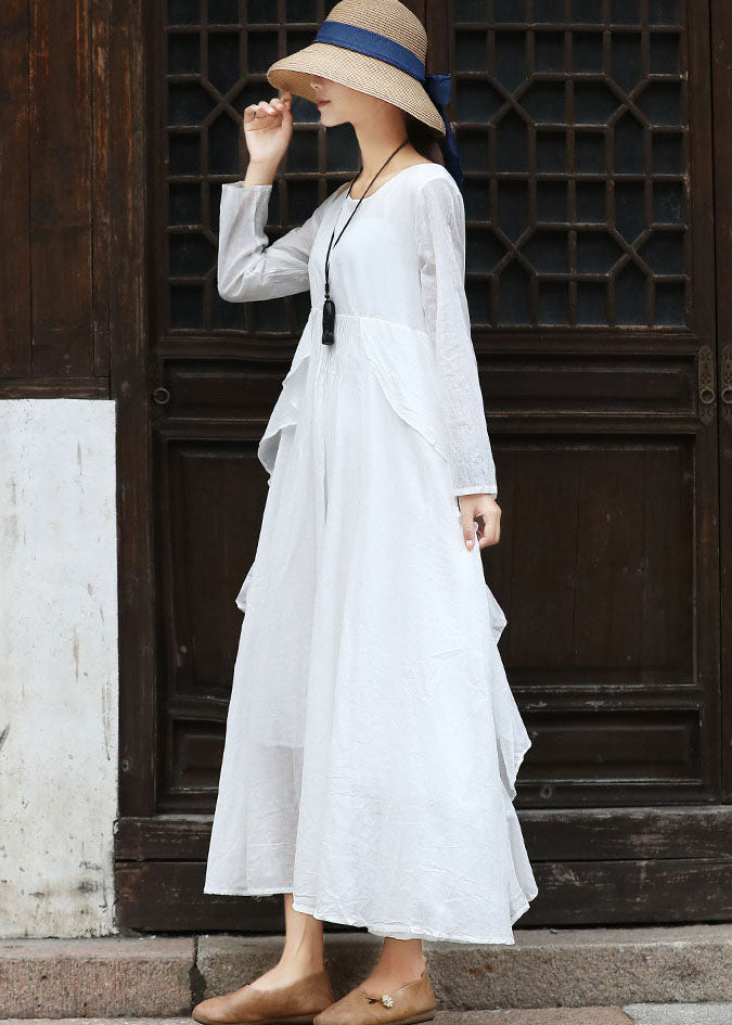 Französisches weißes Partykleid mit O-Ausschnitt und Rüschen aus Baumwolle mit langen Ärmeln