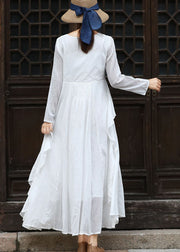 Französisches weißes Partykleid mit O-Ausschnitt und Rüschen aus Baumwolle mit langen Ärmeln