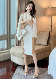 French White O Neck Sequins Patchwork Cotton Dress Fall