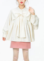 French White O-Neck Wrinkled Bow Solid Shirt Spring