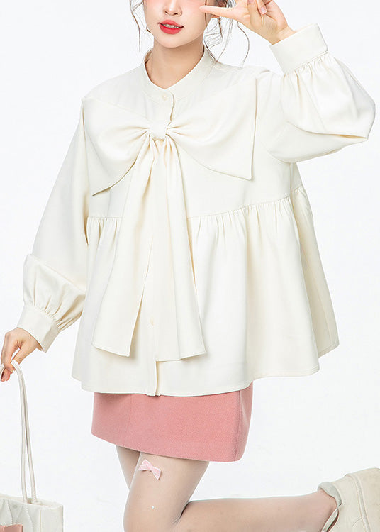 French White O-Neck Wrinkled Bow Solid Shirt Spring
