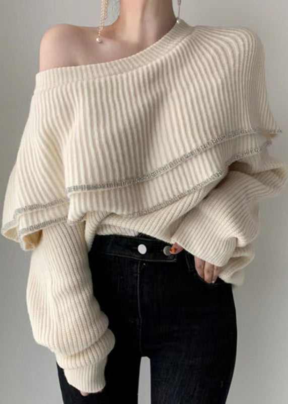 French White One Line Collar Ruffled Long Sleeved Knit Sweater