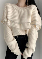 French White One Line Collar Ruffled Long Sleeved Knit Sweater