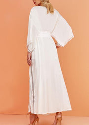 French White Patchwork tie waist kimono robe Maxi Chiffon Dress - SooLinen