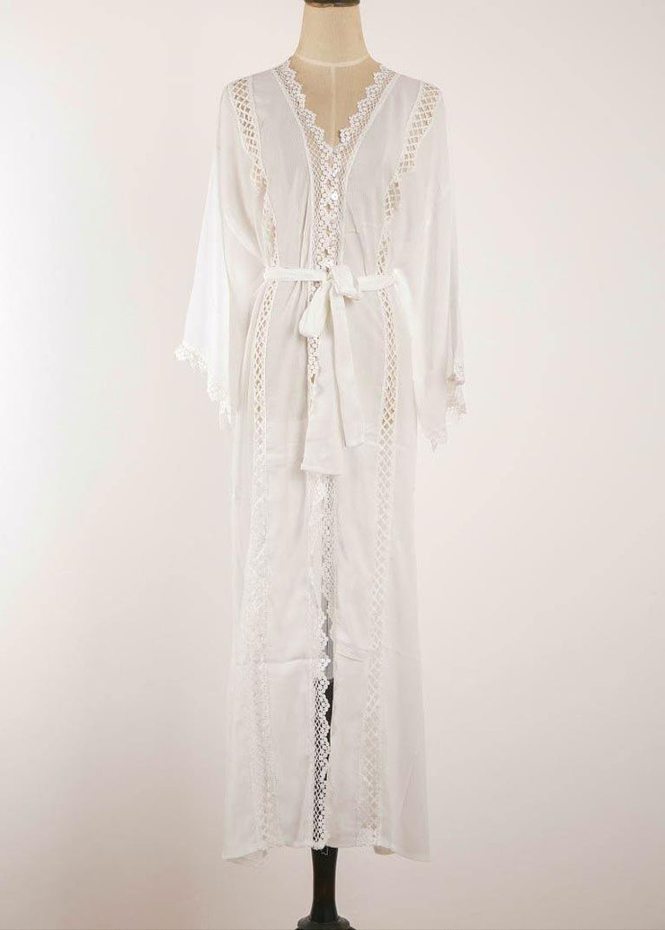 French White Patchwork tie waist kimono robe Maxi Chiffon Dress - SooLinen
