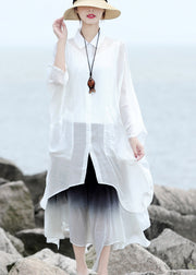 French White Peter Pan Collar Asymmetrical Low High Design Linen Shirts Batwing Sleeve