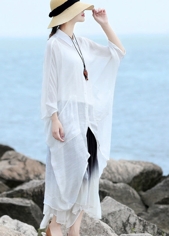 French White Peter Pan Collar Asymmetrical Low High Design Linen Shirts Batwing Sleeve