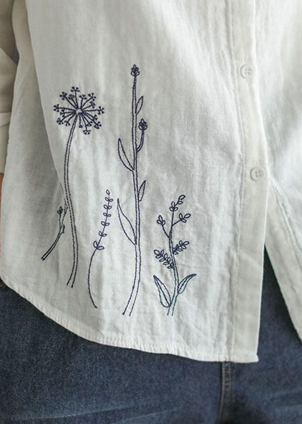 French White Peter Pan Collar Embroidered Cotton Shirt Tops Spring