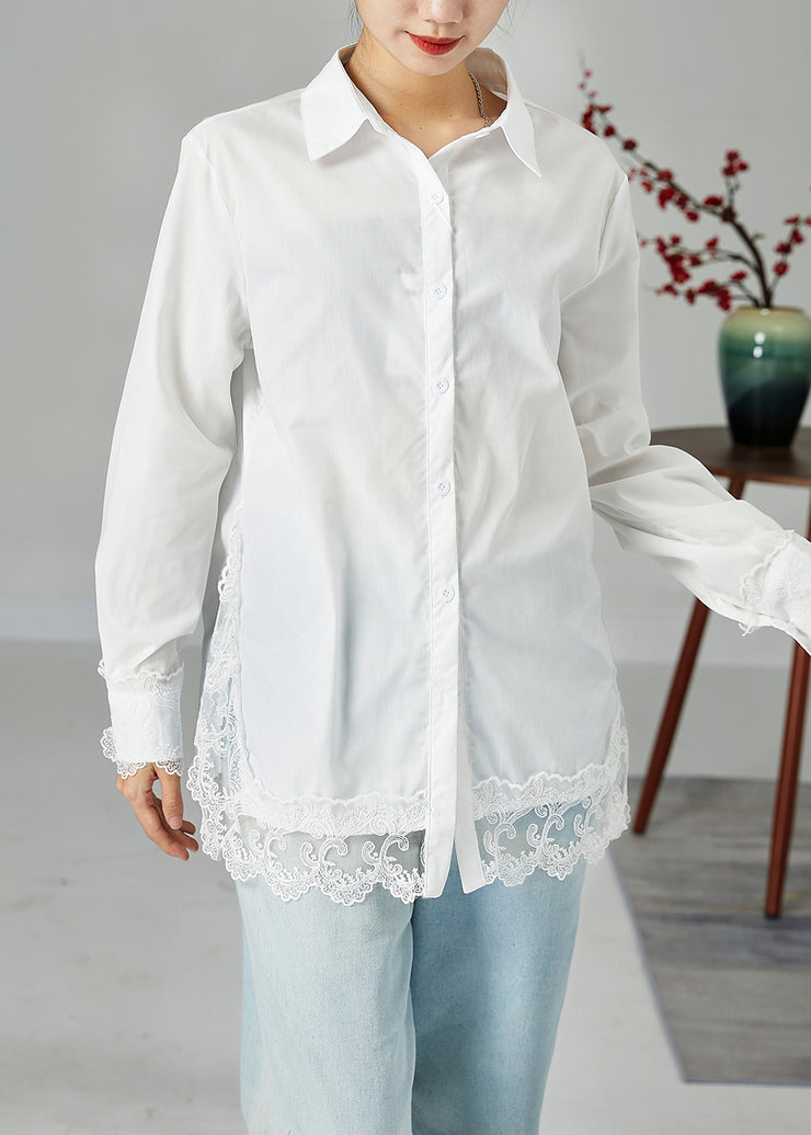 French White Peter Pan Collar Lace Patchwork Side Open Cotton Shirt Top Spring