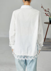 French White Peter Pan Collar Lace Patchwork Side Open Cotton Shirt Top Spring