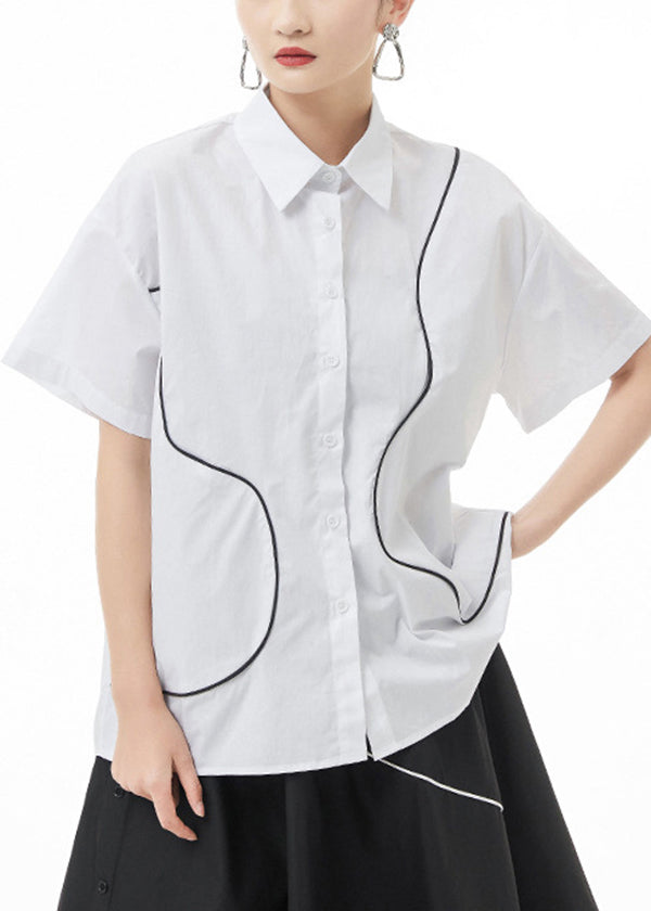 French White Peter Pan Collar Line Cotton Shirt Top Short Sleeve
