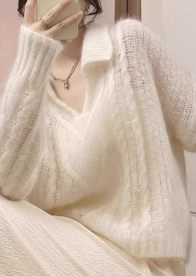 French White Peter Pan Collar Ma Hai Mao Knit Sweaters Spring