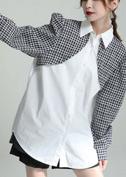 French White Peter Pan Collar Patchwork Plaid Cotton Fake Two Piece Shirt Fall