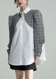 French White Peter Pan Collar Patchwork Plaid Cotton Fake Two Piece Shirt Fall