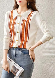 French White Peter Pan Collar Striped Patchwork Knit Sweaters Fall