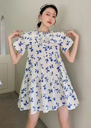 French White Peter Pan Collar Wrinkled Patchwork Print Cotton Shirt Dress Short Sleeve