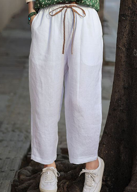 French White Pockets Patchwork Elastic Waist Cotton Straight Pants Summer