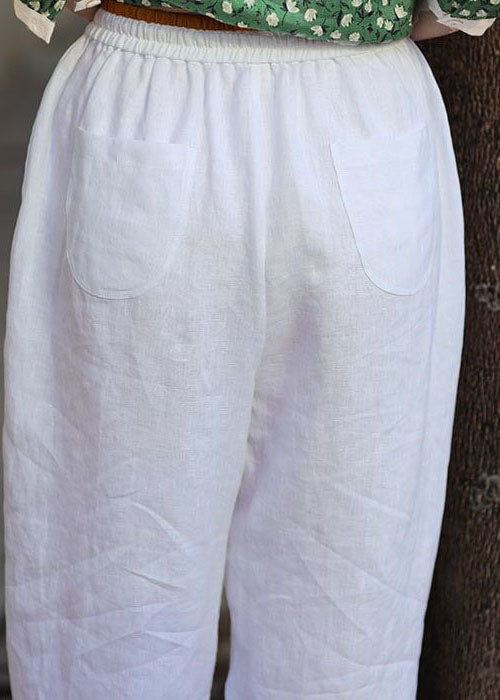 French White Pockets Patchwork Elastic Waist Cotton Straight Pants Summer